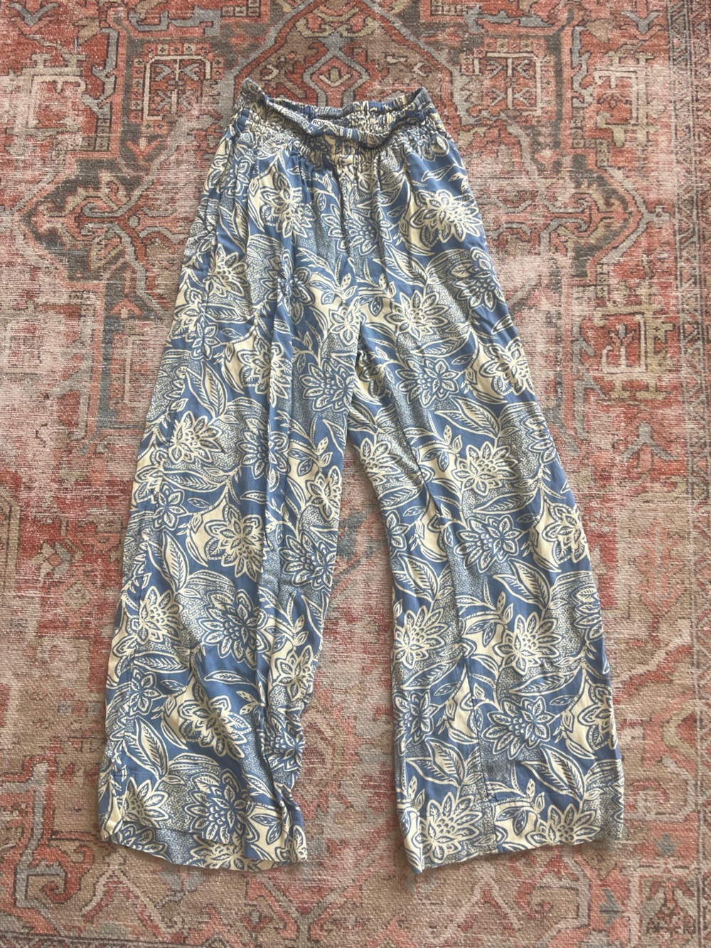 Roxy Blue and Cream Floral Wide-Leg Pants